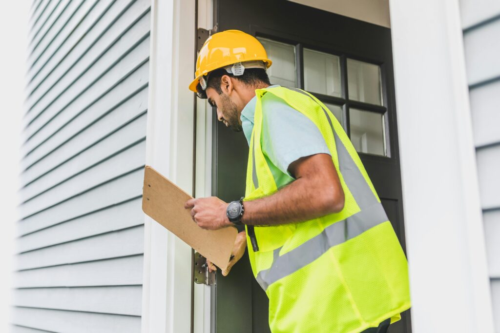 contractor inspecting exterior of a home