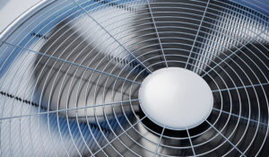 Close up view of the fan on a residential air conditioner