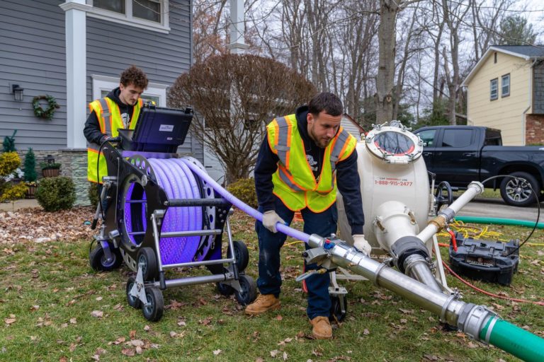 Two techs working a sewerage hose