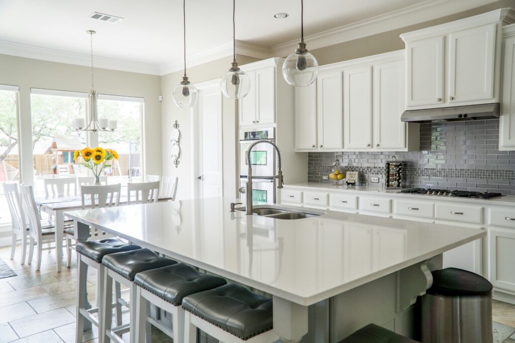 Kitchen island with silver sink